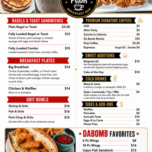 A breakfast menu for "Pour Breakfast Bar" featuring bagels, breakfast plates, grit bowls, coffees, and cold drinks.